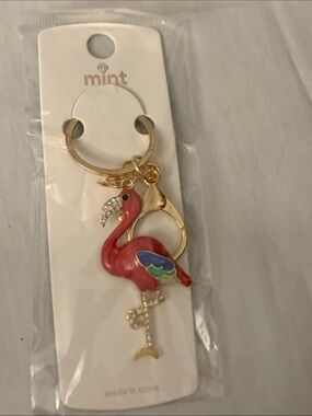 Mint Pink Flamingo Keychain with Gold Hardware and Multicolor Wing